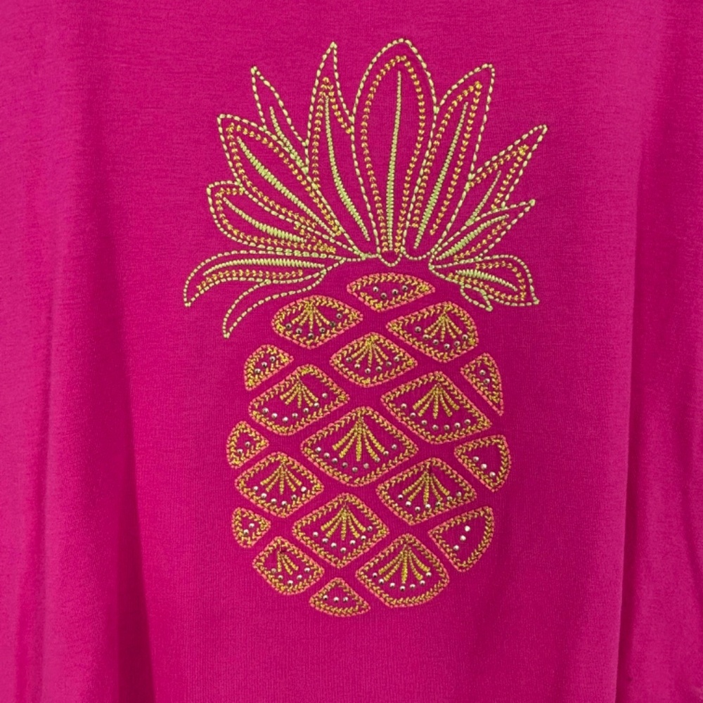 Palm Grove Womens PETITE Large T-Shirt Bright Pink Embroidered Pineapple Studs - Picture 2 of 7